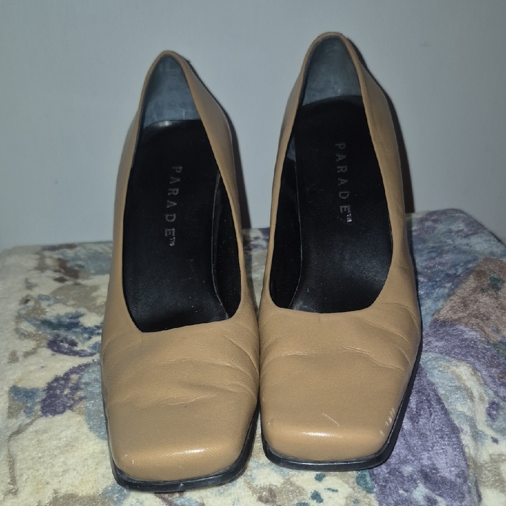 Tan Leather Block Heel Pumps